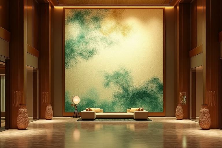 ラグジュアリーホテルのロビーに設置された大型テキスタイルアート