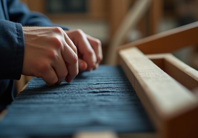 伝統的な織機で布を織る職人の手元